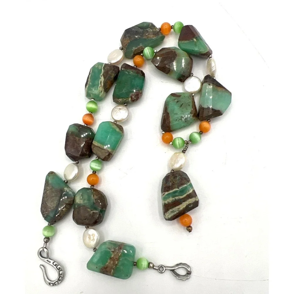 Chrysoprase Nugget Chunky Necklace 925 Hook Faux‎ Pearls Agate Glass Beads 18